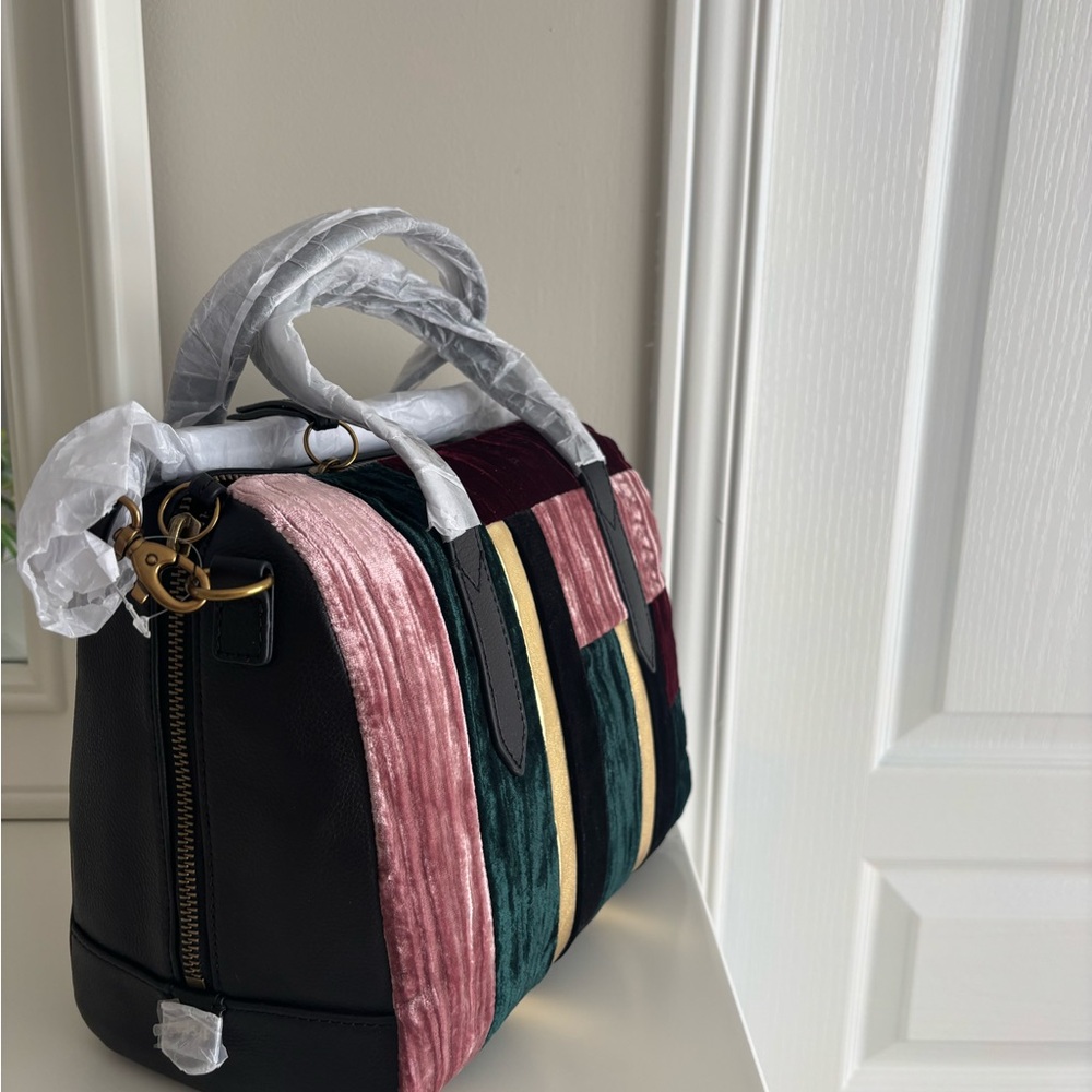 Fossil Elegant Velvet and leather Striped Handbag